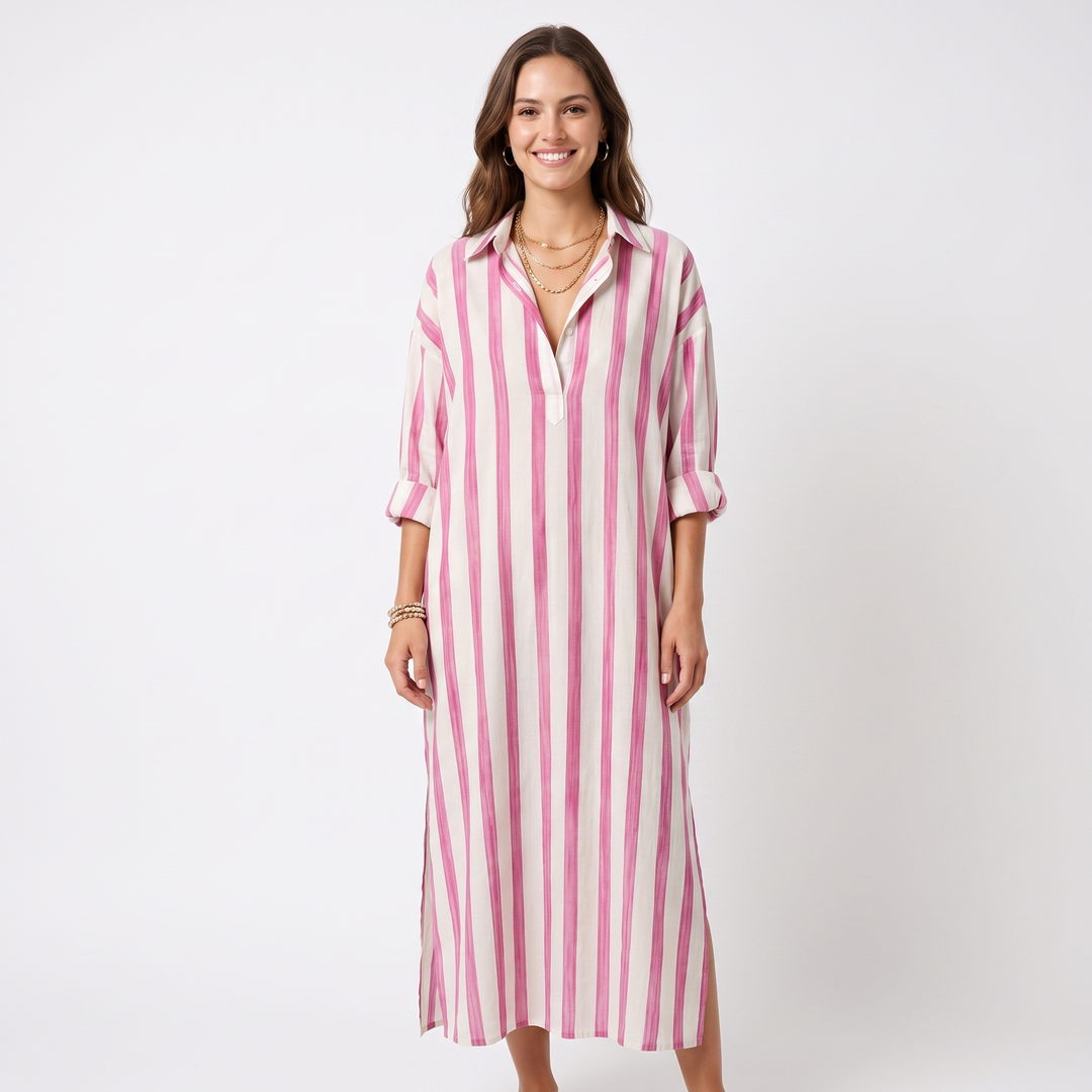 Women's Striped Maxi Shirt Dress Oversized Cotton Beach Cover Up