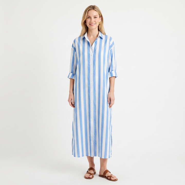 Women's Striped Maxi Shirt Dress Oversized Cotton Beach Cover Up