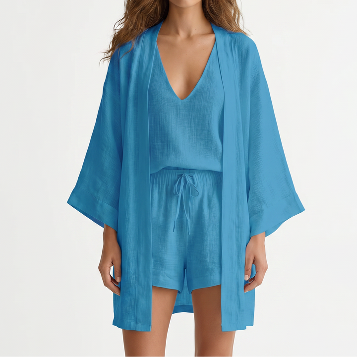Women's 3-Piece Cotton Gauze Set Kimono Top Shorts Loungewear