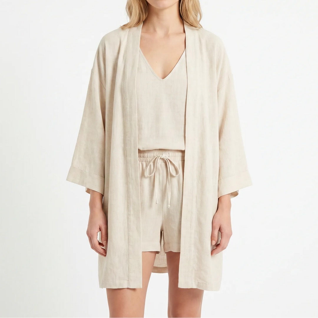 Women's 3-Piece Cotton Gauze Set Kimono Top Shorts Loungewear