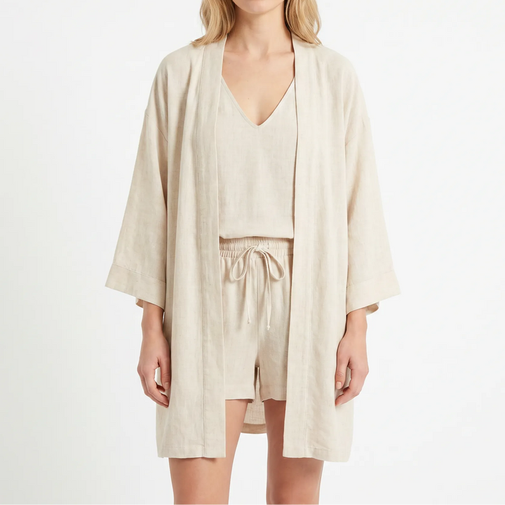 Women's 3-Piece Cotton Gauze Set Kimono Top Shorts Loungewear