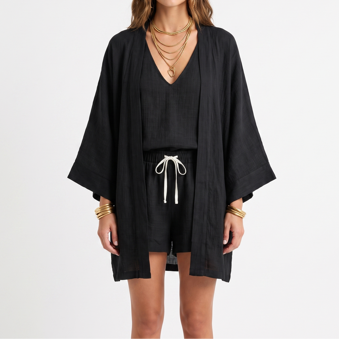 Women's 3-Piece Cotton Gauze Set Kimono Top Shorts Loungewear