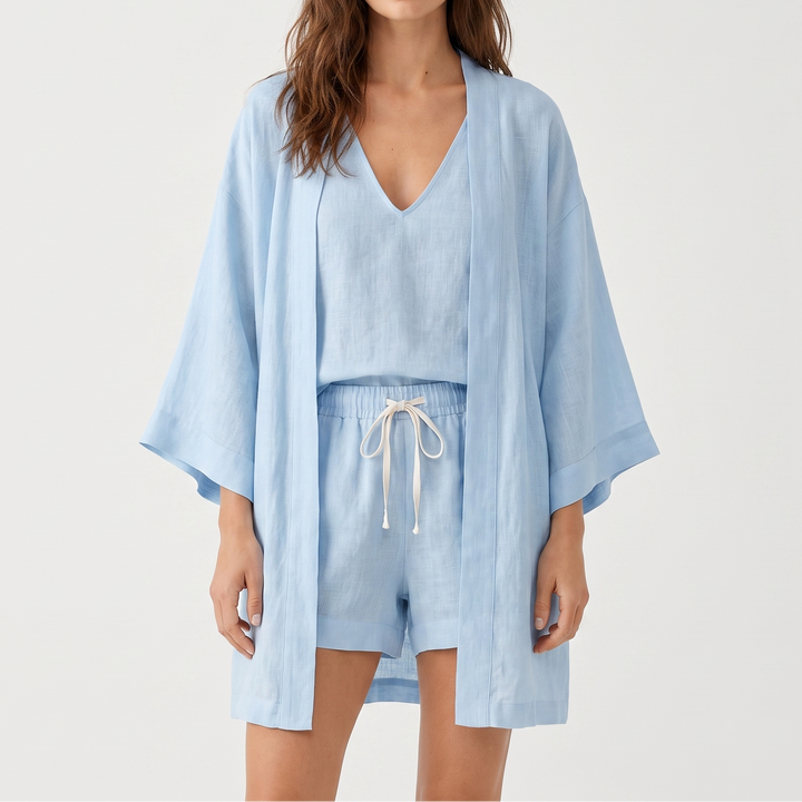 Women's 3-Piece Cotton Gauze Set Kimono Top Shorts Loungewear