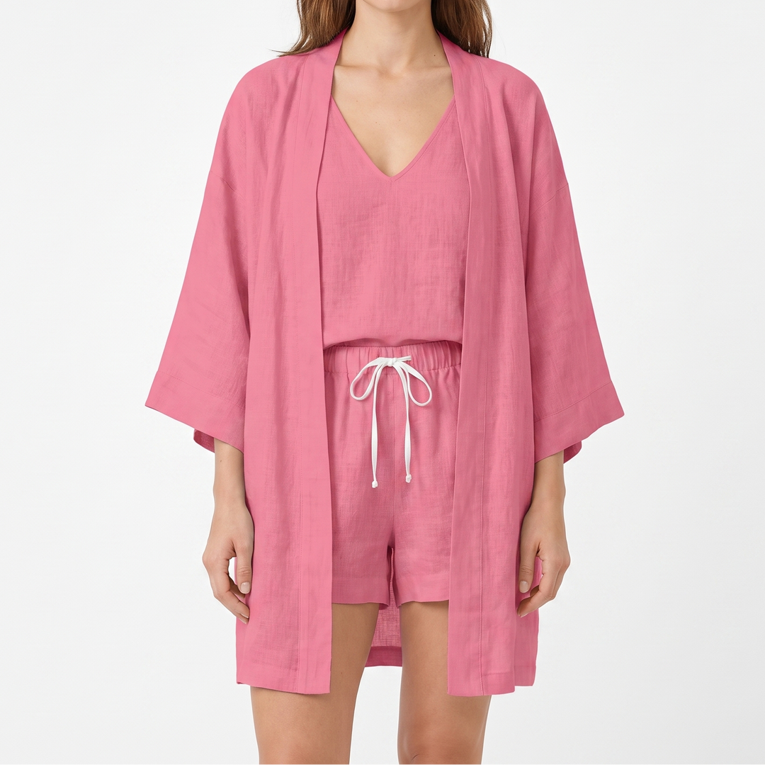Women's 3-Piece Cotton Gauze Set Kimono Top Shorts Loungewear