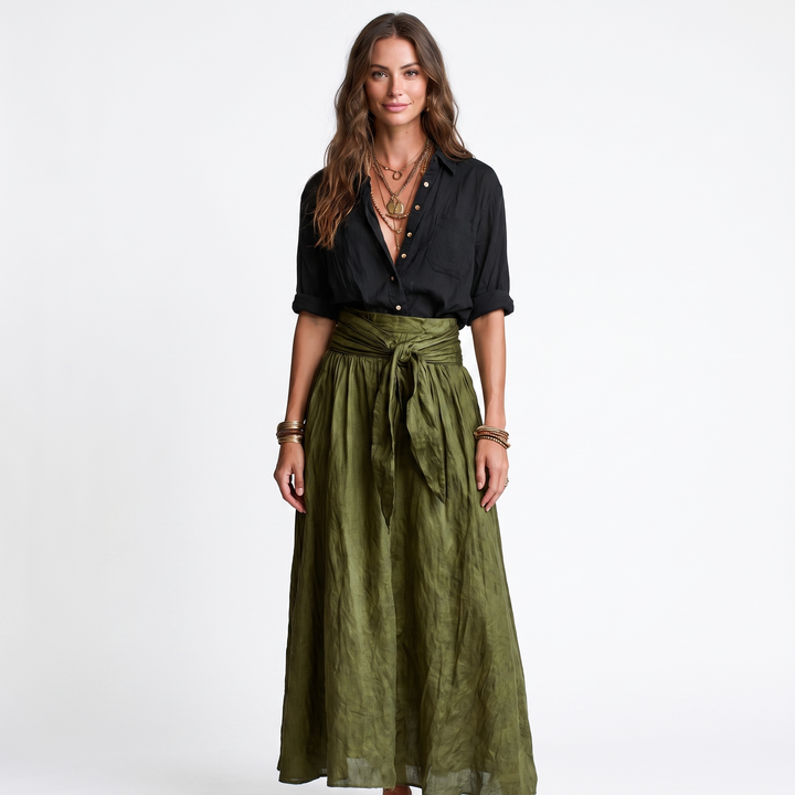 Women's Two Piece Linen Set Button Shirt Tie Waist Maxi Skirt Boho