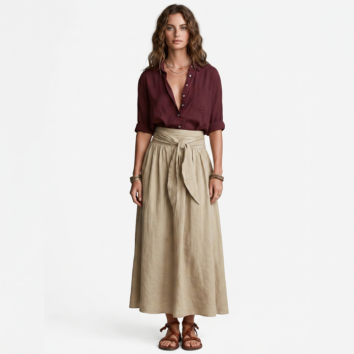Women's Two Piece Linen Set Button Shirt Tie Waist Maxi Skirt Boho