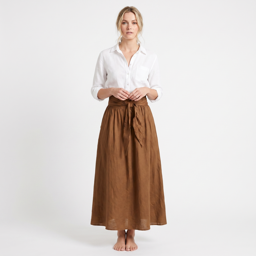 Women's Two Piece Linen Set Button Shirt Tie Waist Maxi Skirt Boho