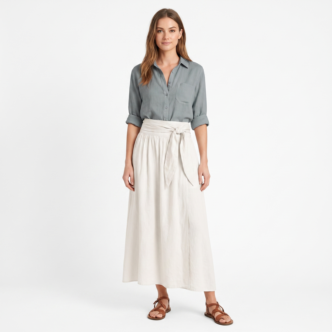 Women's Two Piece Linen Set Button Shirt Tie Waist Maxi Skirt Boho