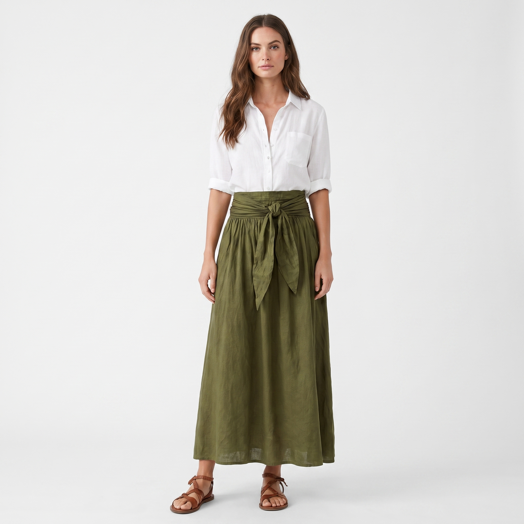 Women's Two Piece Linen Set Button Shirt Tie Waist Maxi Skirt Boho