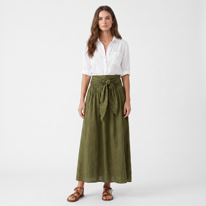 Women's Two Piece Linen Set Button Shirt Tie Waist Maxi Skirt Boho