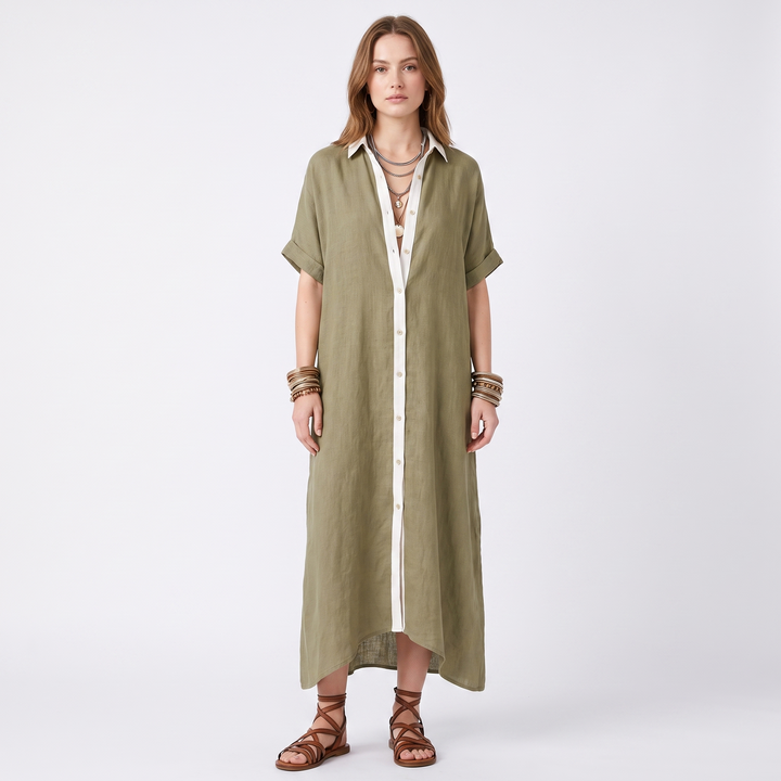 Women's Maxi Shirt Dress Long Sleeve Button Up Contrast Trim Kaftan