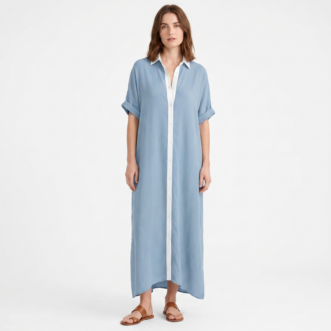 Women's Maxi Shirt Dress Long Sleeve Button Up Contrast Trim Kaftan