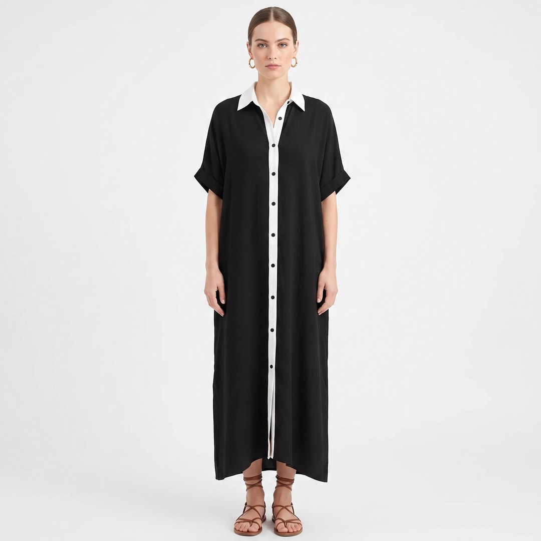 Women's Maxi Shirt Dress Long Sleeve Button Up Contrast Trim Kaftan