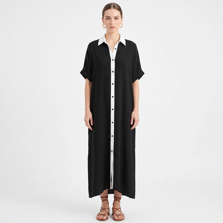 Women's Maxi Shirt Dress Long Sleeve Button Up Contrast Trim Kaftan