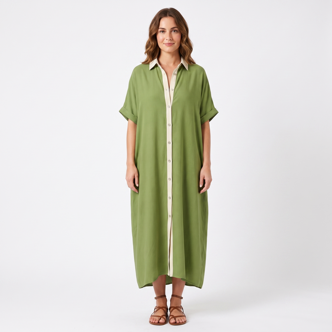 Women's Maxi Shirt Dress Long Sleeve Button Up Contrast Trim Kaftan