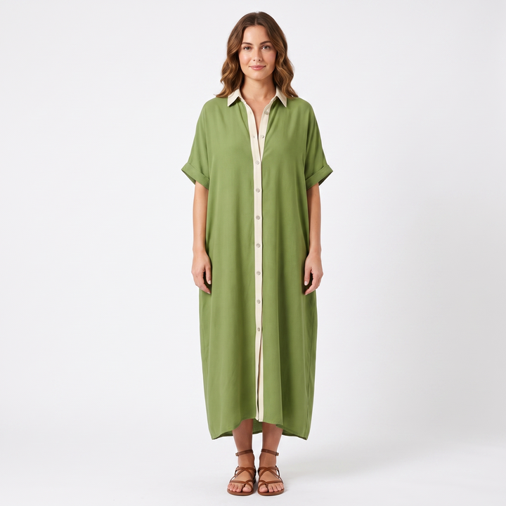 Women's Maxi Shirt Dress Long Sleeve Button Up Contrast Trim Kaftan