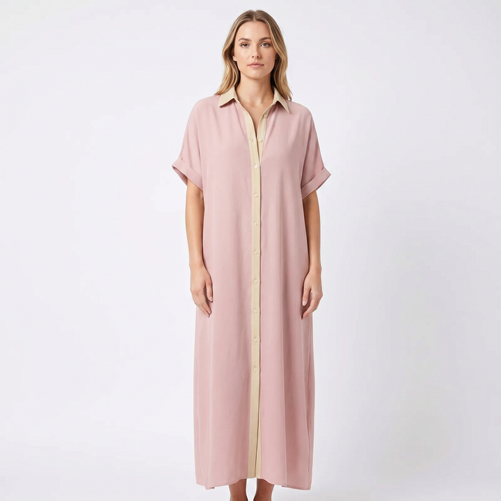 Women's Maxi Shirt Dress Long Sleeve Button Up Contrast Trim Kaftan