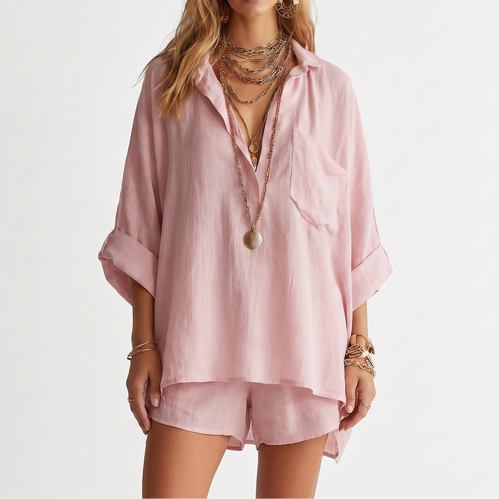 Women's Oversized Shirt And Shorts Set 2-Piece Loungewear Linen