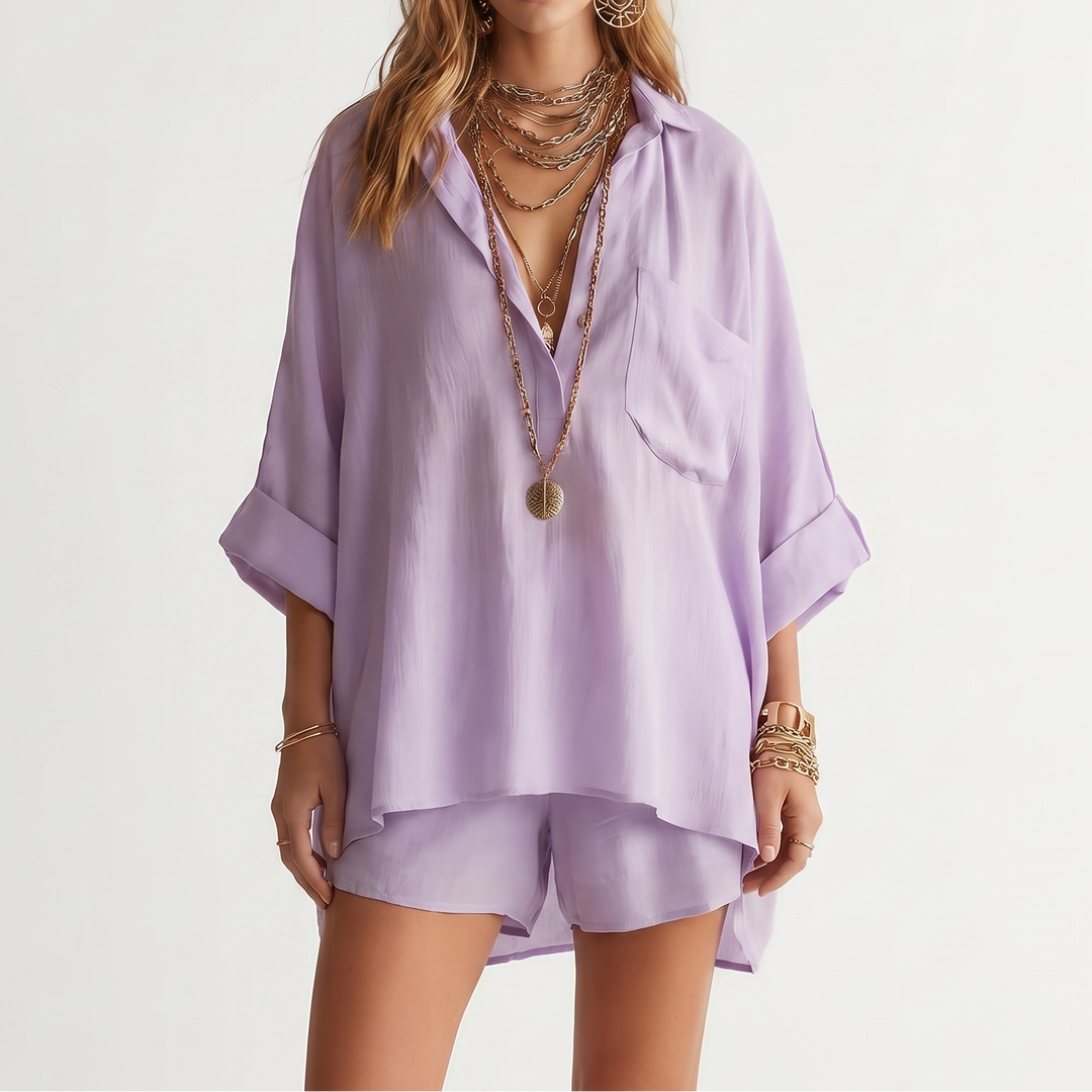 Women's Oversized Shirt And Shorts Set 2-Piece Loungewear Linen