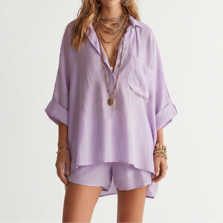 Women's Oversized Shirt And Shorts Set 2-Piece Loungewear Linen