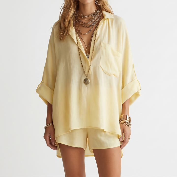 Women's Oversized Shirt And Shorts Set 2-Piece Loungewear Linen