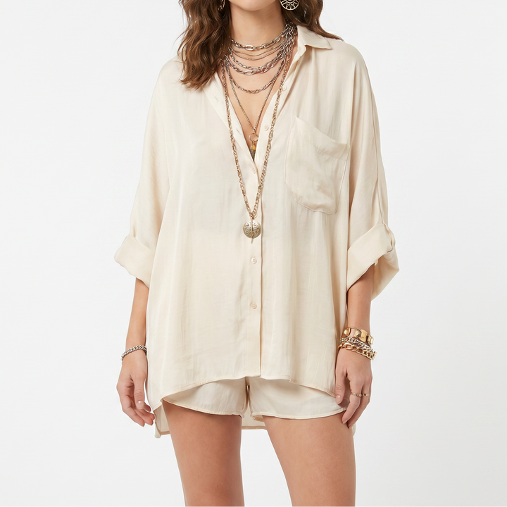 Women's Oversized Shirt And Shorts Set 2-Piece Loungewear Linen