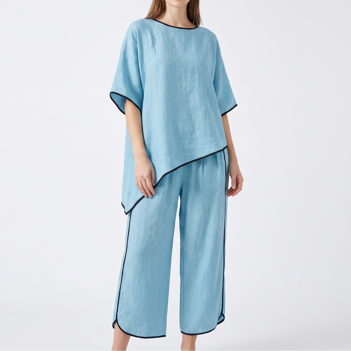 Women's 2-Piece Linen Set Asymmetric Top Wide-Leg Pants Loungewear