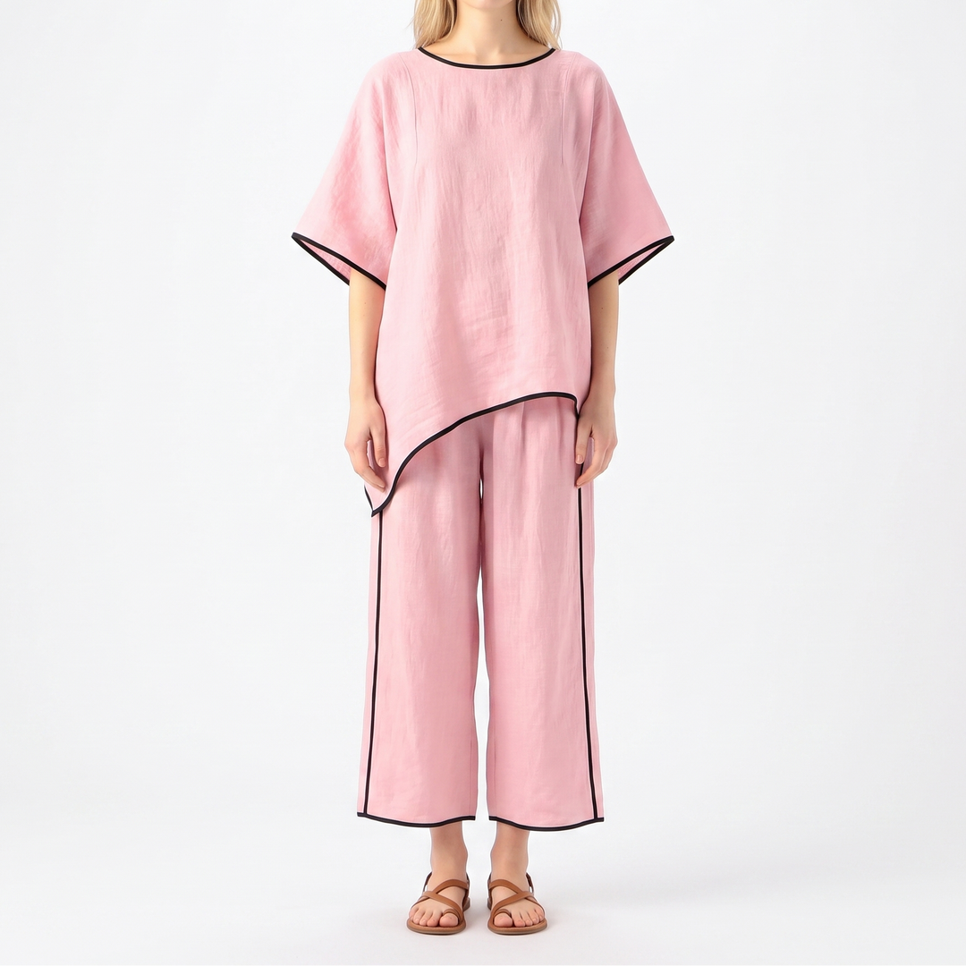 Women's 2-Piece Linen Set Asymmetric Top Wide-Leg Pants Loungewear