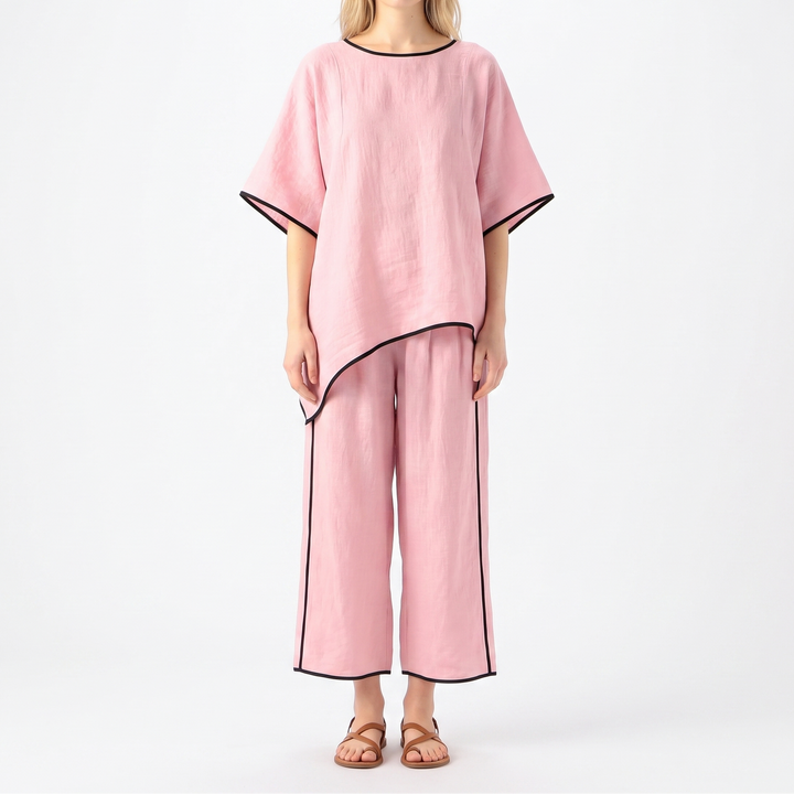 Women's 2-Piece Linen Set Asymmetric Top Wide-Leg Pants Loungewear