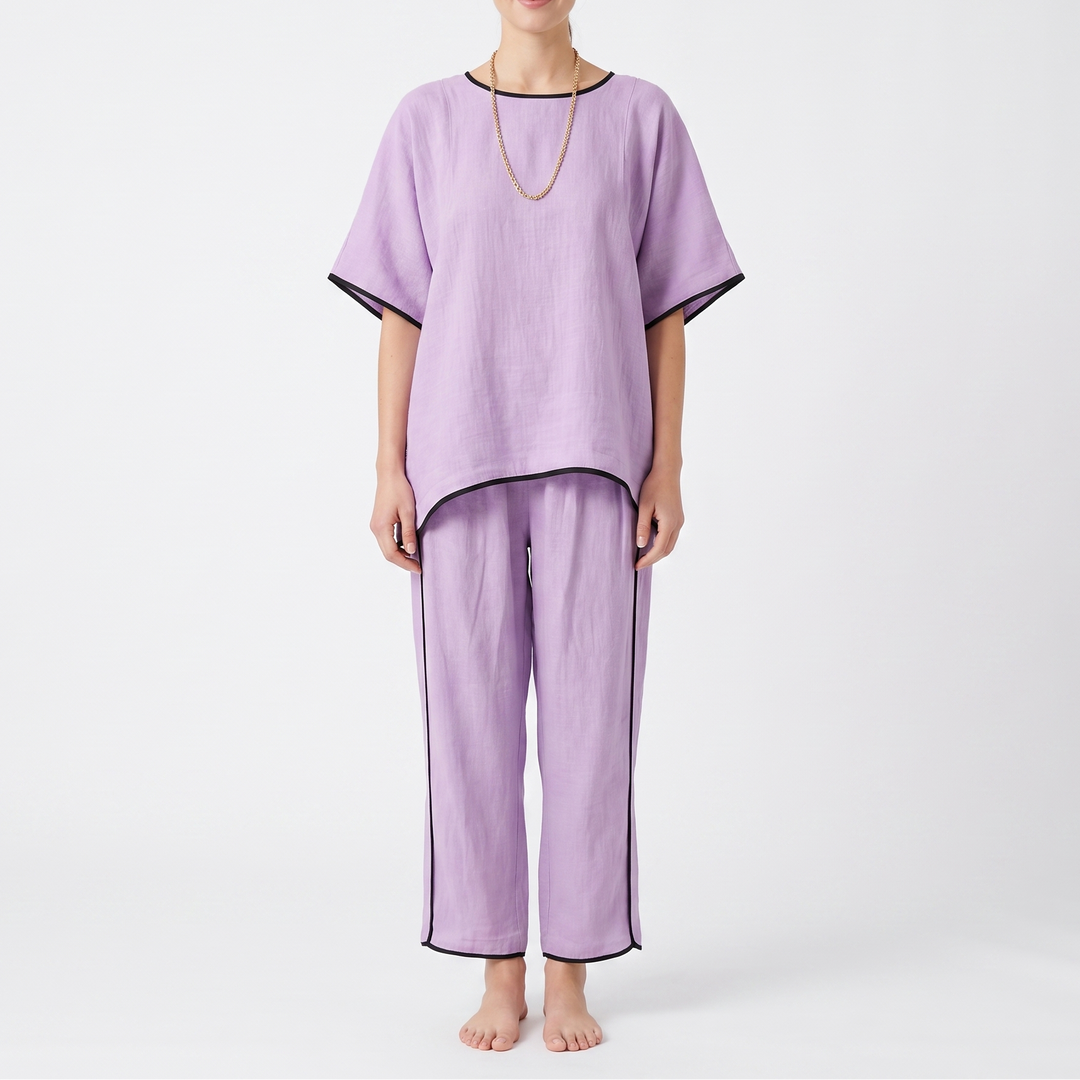 Women's 2-Piece Linen Set Asymmetric Top Wide-Leg Pants Loungewear