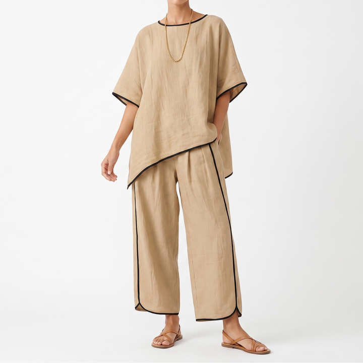 Women's 2-Piece Linen Set Asymmetric Top Wide-Leg Pants Loungewear
