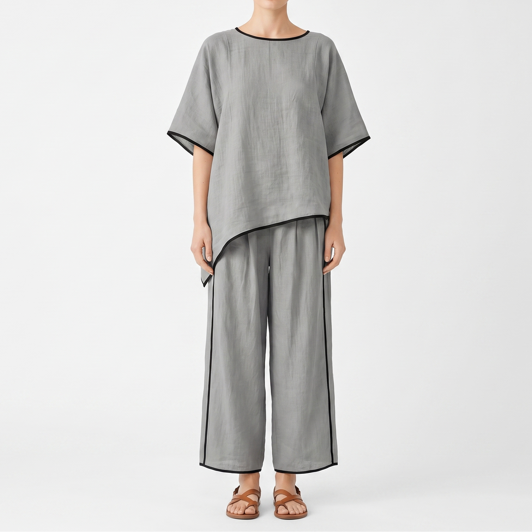 Women's 2-Piece Linen Set Asymmetric Top Wide-Leg Pants Loungewear