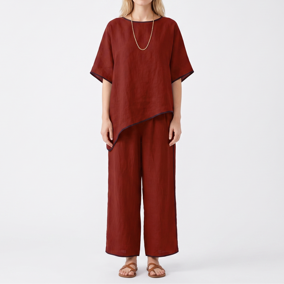 Women's 2-Piece Linen Set Asymmetric Top Wide-Leg Pants Loungewear