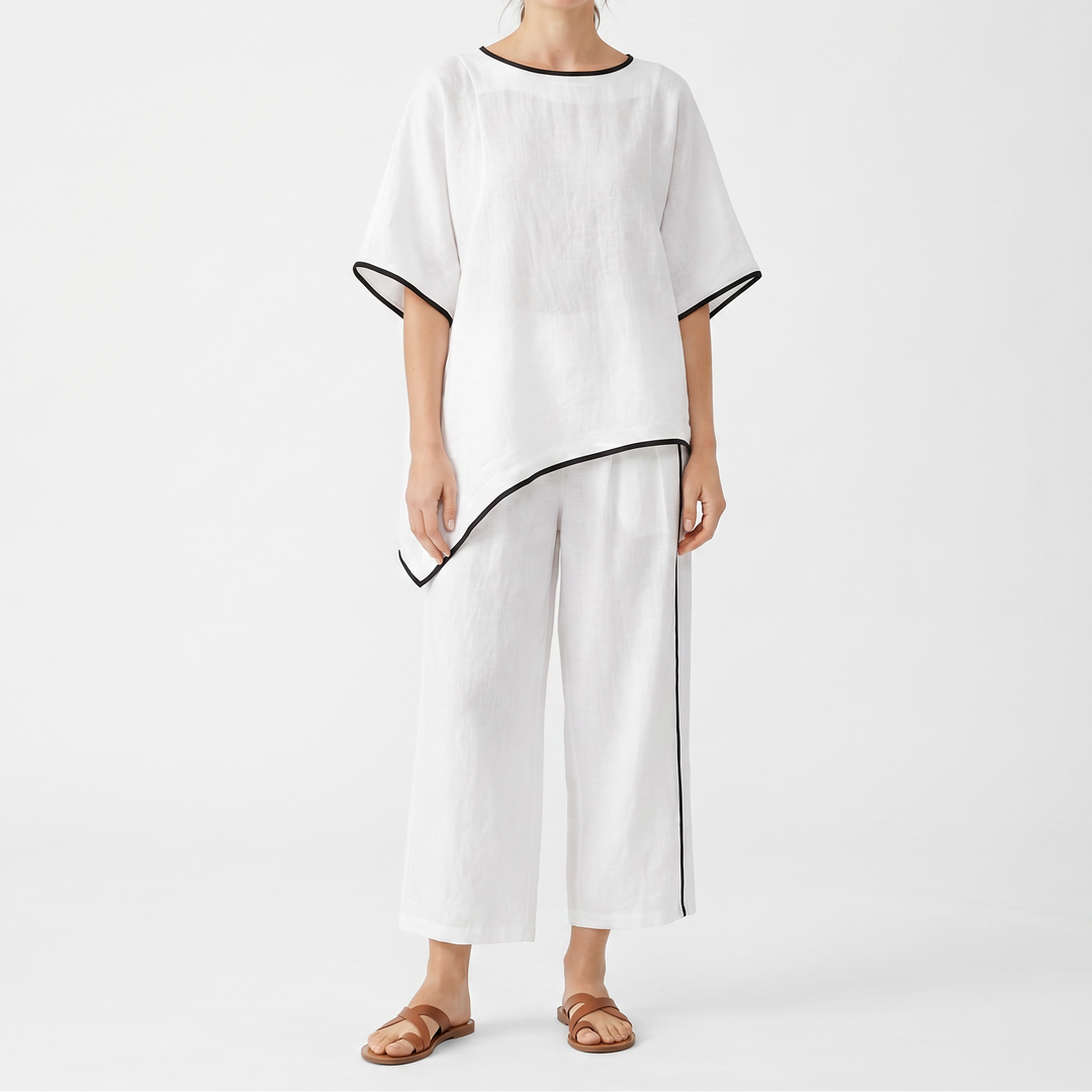 Women's 2-Piece Linen Set Asymmetric Top Wide-Leg Pants Loungewear
