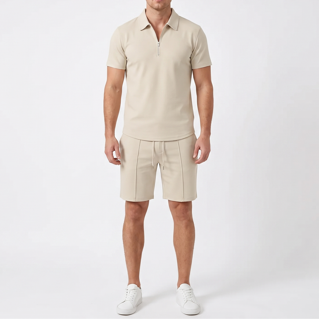 Men's 2-Piece Zip Polo And Shorts Set Casual Short Sleeve Sport