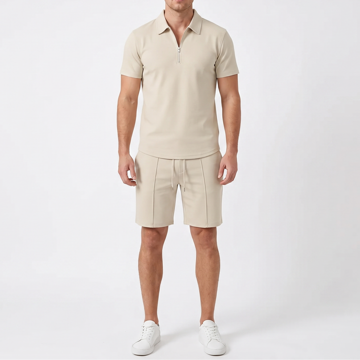 Men's 2-Piece Zip Polo And Shorts Set Casual Short Sleeve Sport
