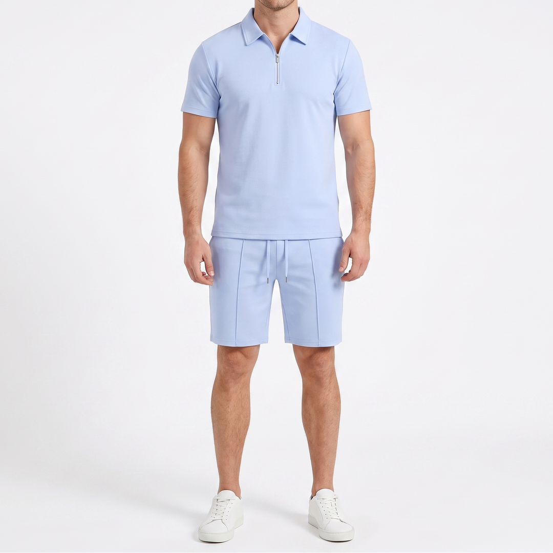 Men's 2-Piece Zip Polo And Shorts Set Casual Short Sleeve Sport