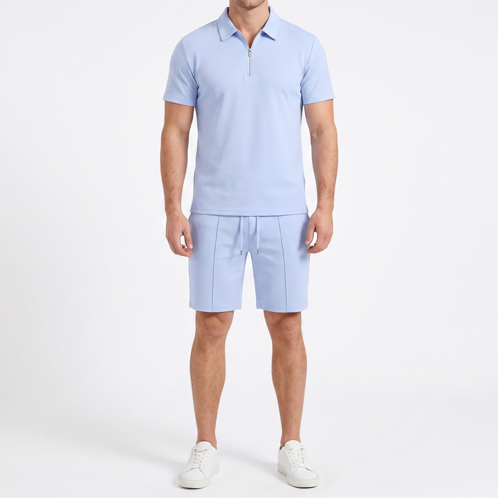 Men's 2-Piece Zip Polo And Shorts Set Casual Short Sleeve Sport