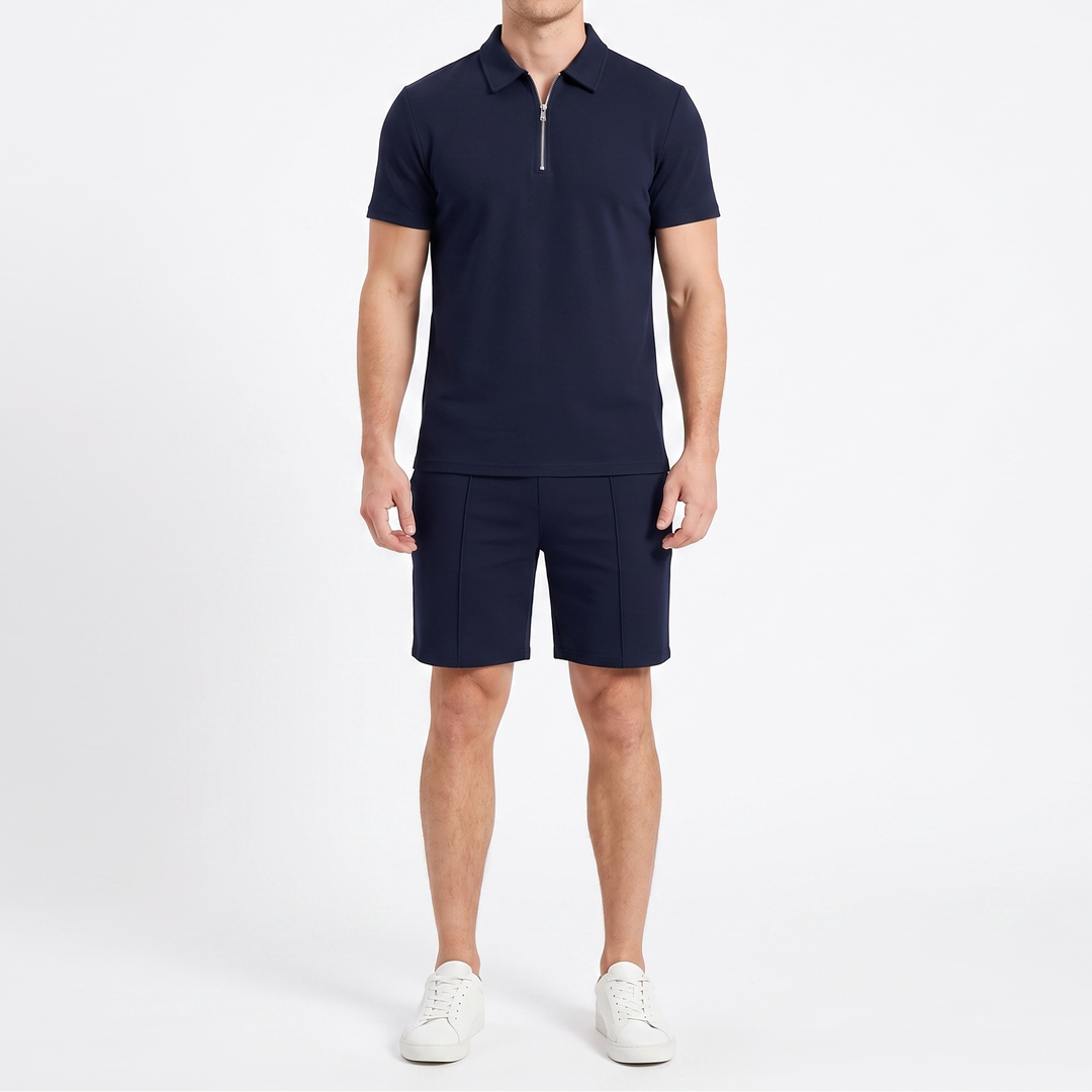 Men's 2-Piece Zip Polo And Shorts Set Casual Short Sleeve Sport