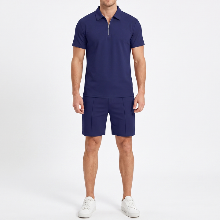 Men's 2-Piece Zip Polo And Shorts Set Casual Short Sleeve Sport