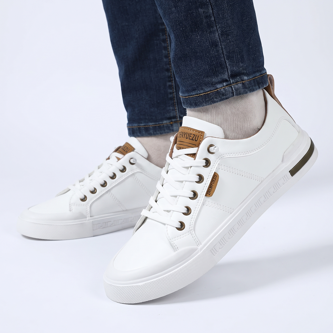 Men's Leather Sneakers Lace-Up Low-Top Casual Trainers