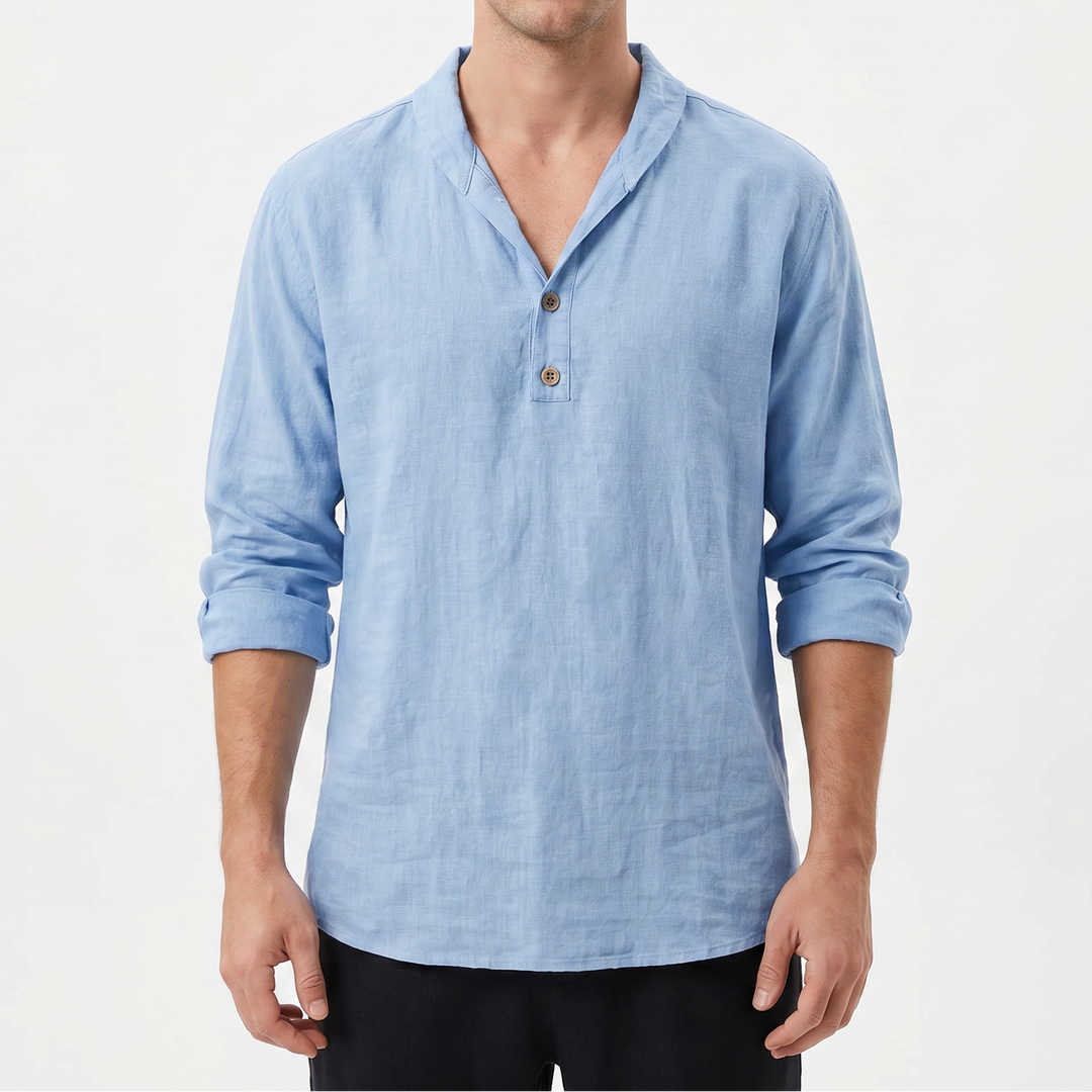 Men's Linen Henley Shirt Long-Sleeve Relaxed Fit Collarless V-Neck