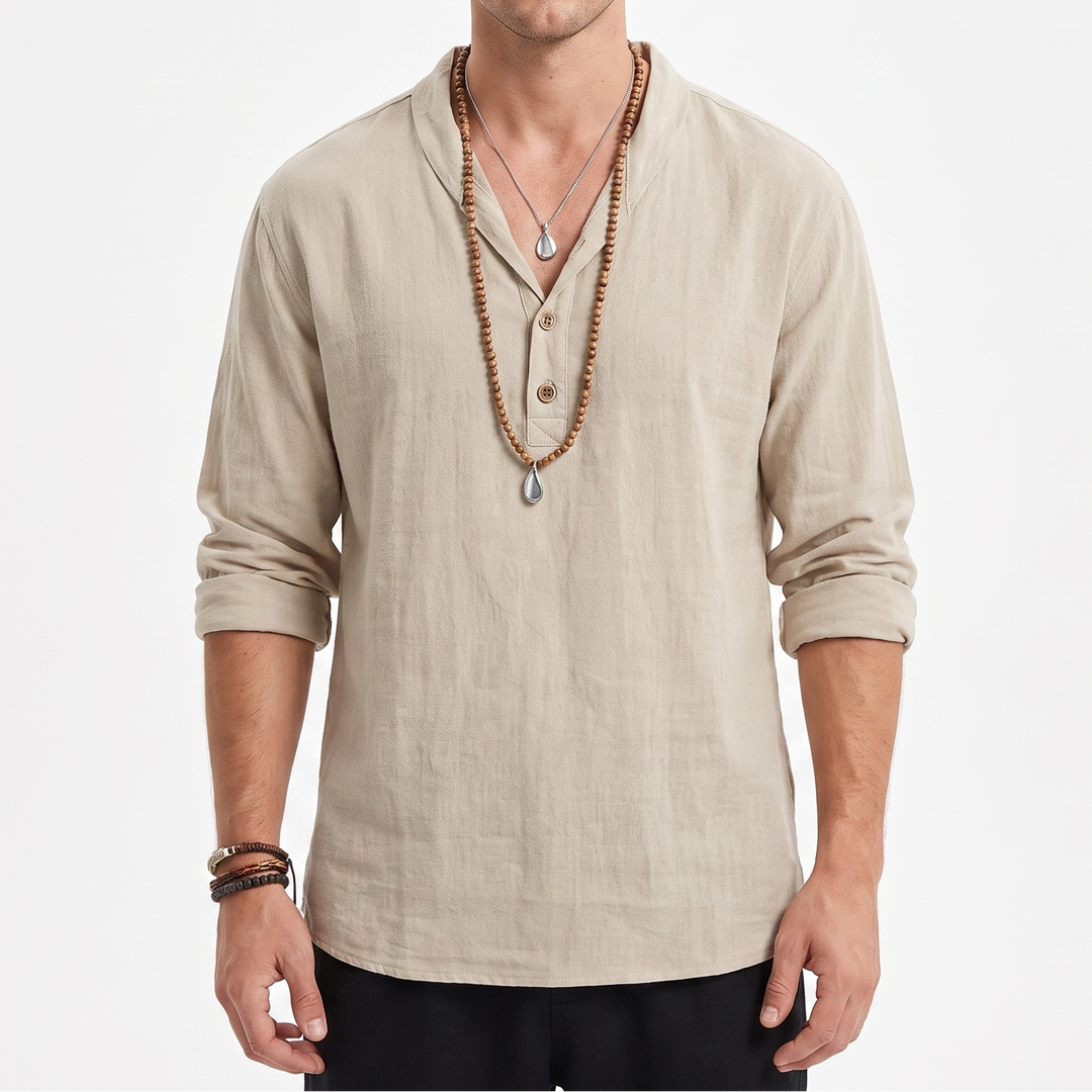 Men's Linen Henley Shirt Long-Sleeve Relaxed Fit Collarless V-Neck