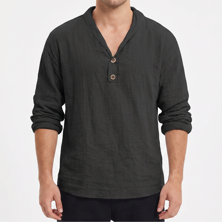 Men's Linen Henley Shirt Long-Sleeve Relaxed Fit Collarless V-Neck