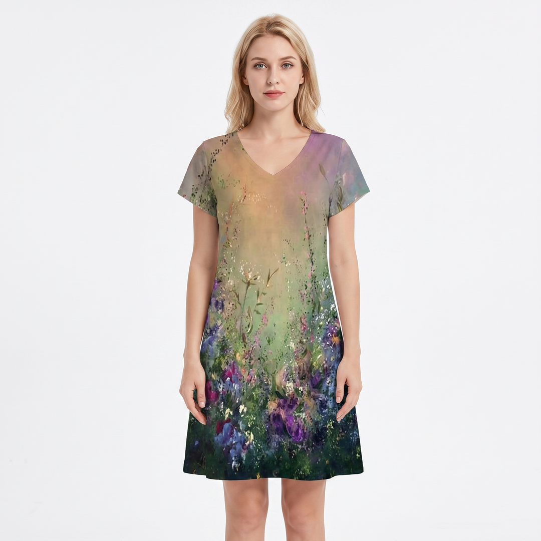 Women's Printed T Shirt Dress V Neck Short Sleeve Relaxed Fit Midi