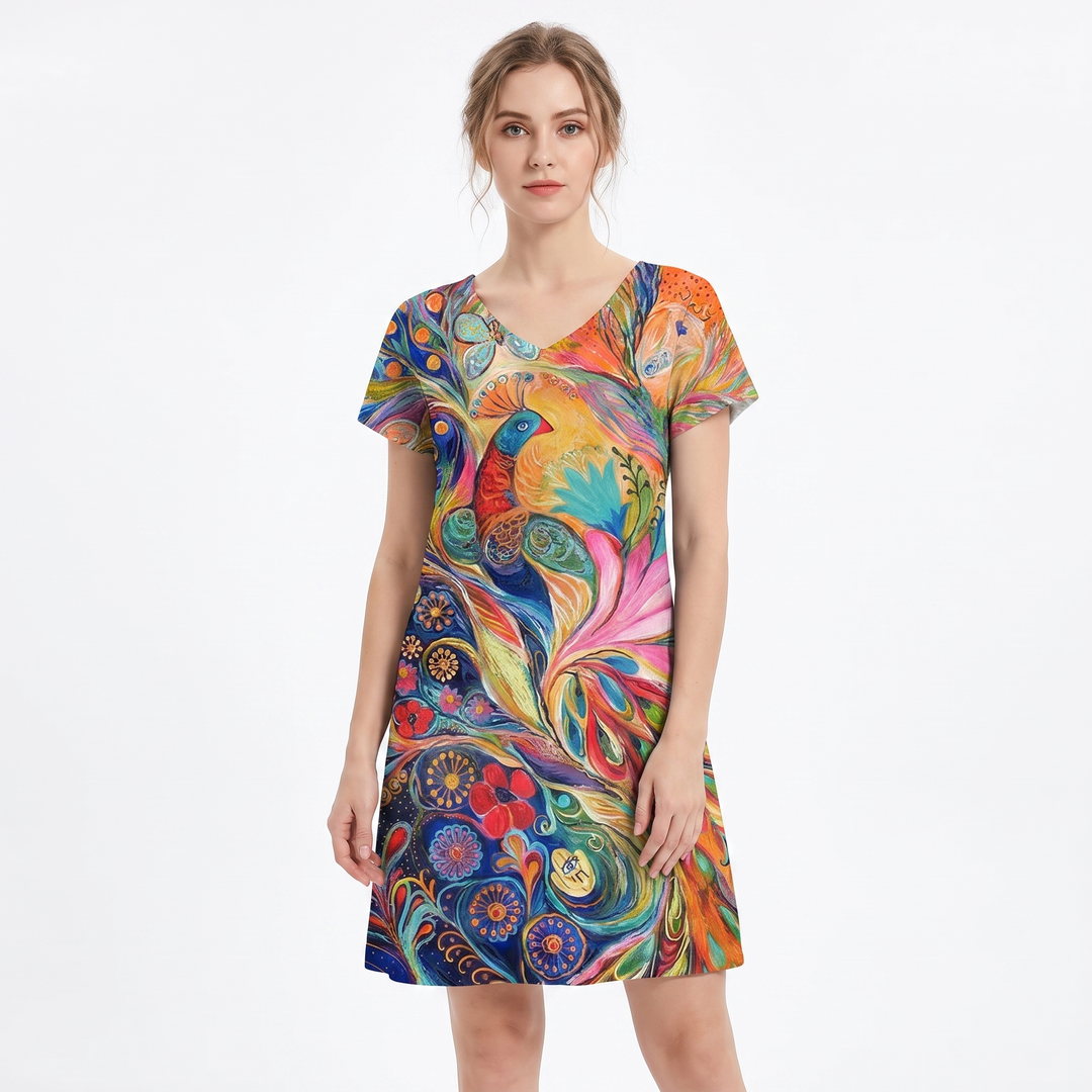 Women's Printed T Shirt Dress V Neck Short Sleeve Relaxed Fit Midi