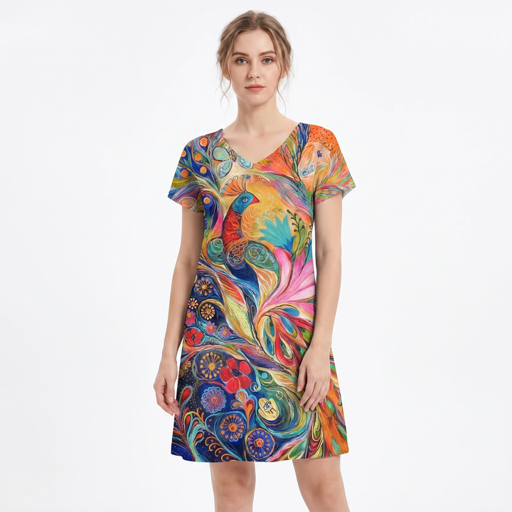 Women's Printed T Shirt Dress V Neck Short Sleeve Relaxed Fit Midi