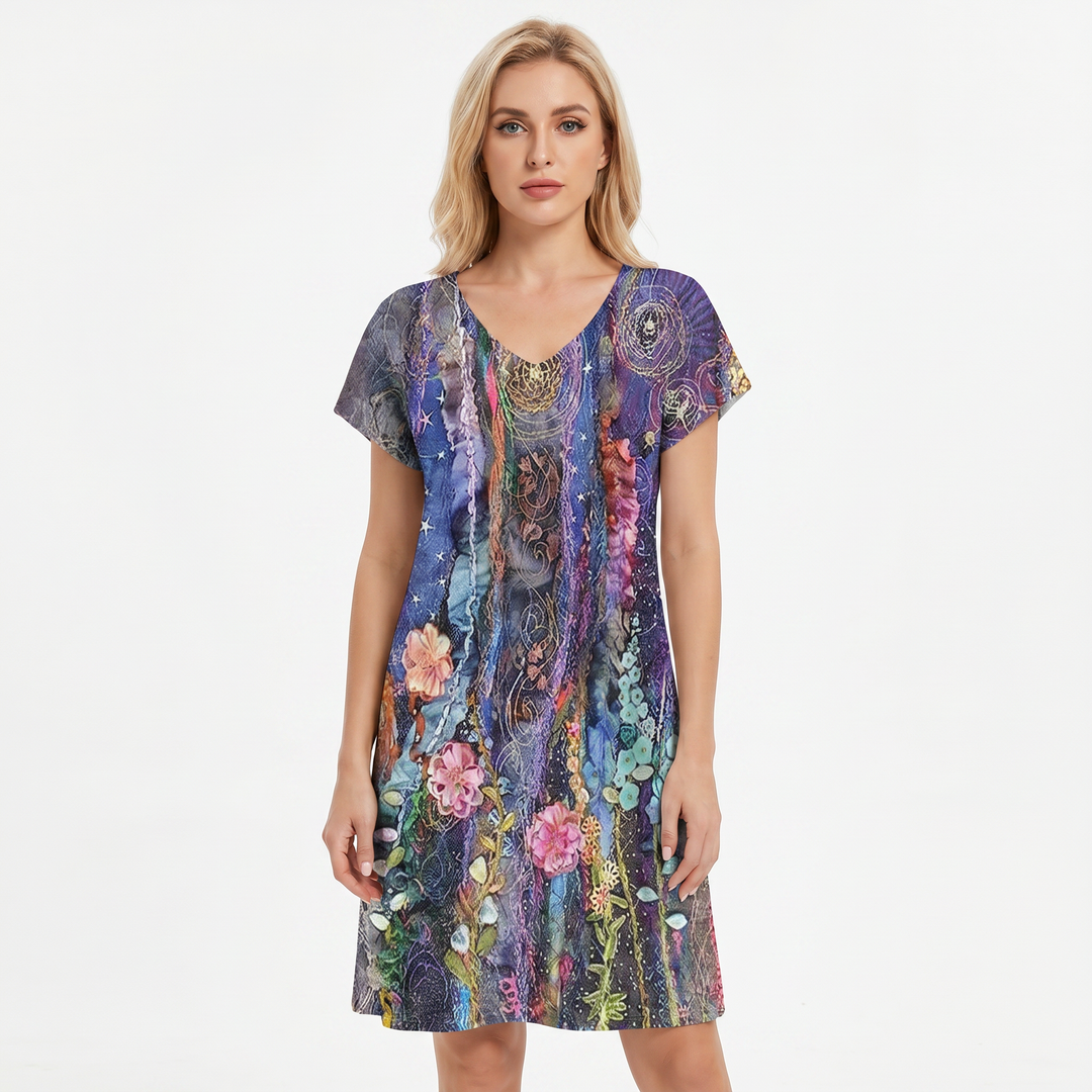 Women's Printed T Shirt Dress V Neck Short Sleeve Relaxed Fit Midi