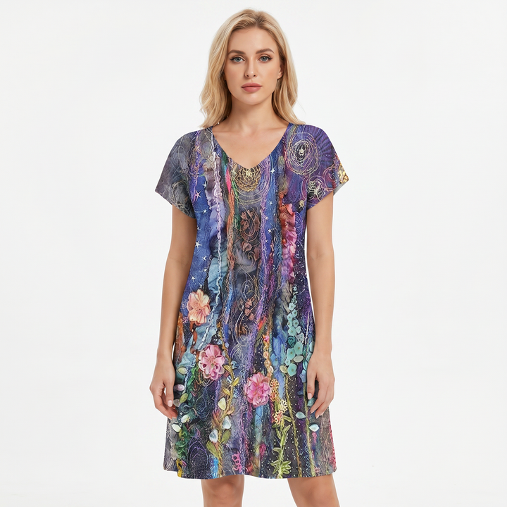 Women's Printed T Shirt Dress V Neck Short Sleeve Relaxed Fit Midi