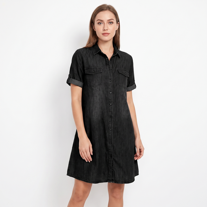 Women's Denim Shirt Dress Short Sleeve Button Front Chest Pockets